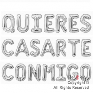 SET DE GLOBOS METALIZADO FRASE QUIERES CASARTE CONMIGO PLATA 21 UNIDADES